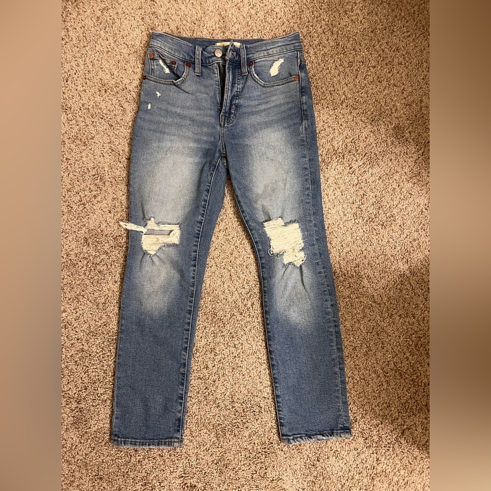 Madewell Distressed Straight Leg Blue Jeans